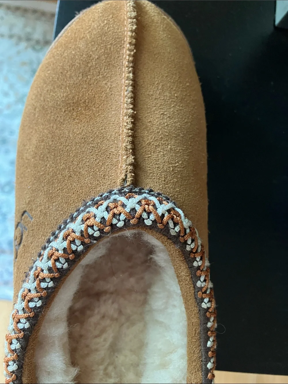 UGG Kids Chestnut Suede Sheepskin Lined Slip-On Slippers with Braided Trim